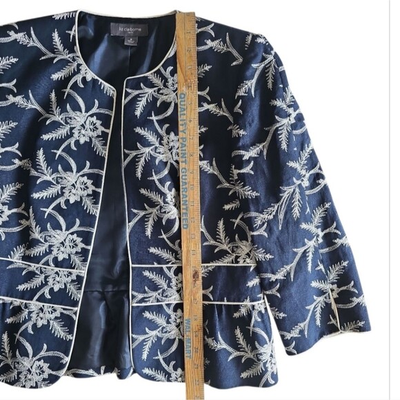 Liz Claiborne Linen Blend Jacket Sz 8 Navy Embroidered Floral Lightweight - Picture 11 of 14